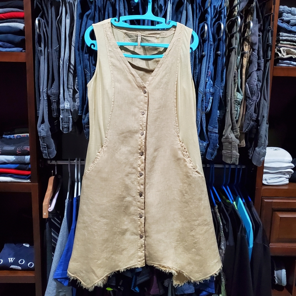 XCVI Sleeveless Asymmetrical Beige Linen-Blend Button Front Dress